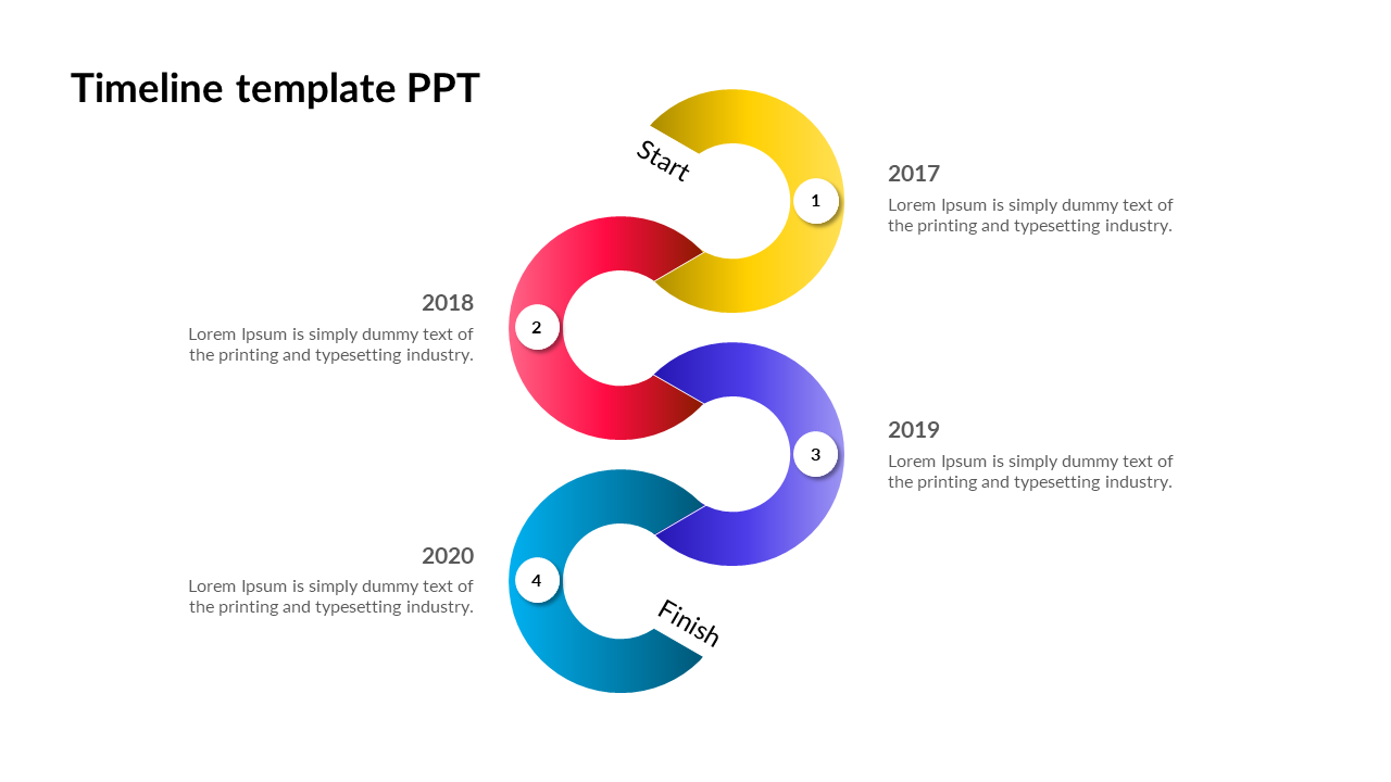 Vertical timeline template with circular shapes in yellow, red, blue, and purple, showing four stages from 2017 to 2020.