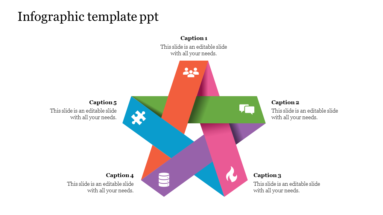 Infographic design shaped like a five-pointed star with overlapping ribbons, icons, and placeholder text areas.