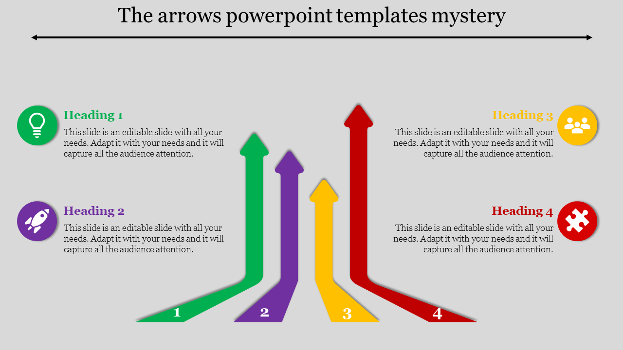 Slide with four colorful upward arrows in green, purple, yellow, and red, each labeled with headings and icons.