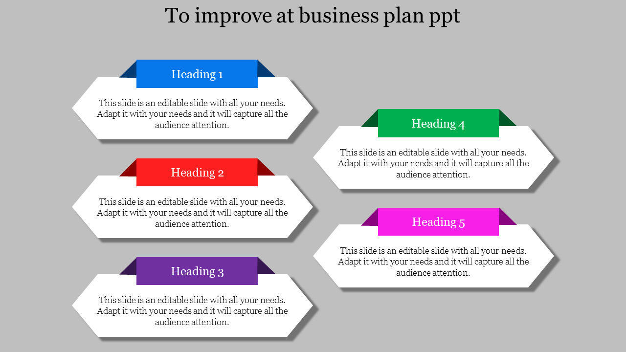 Business plan PowerPoint template with five colorful headings for different sections with placeholder text.