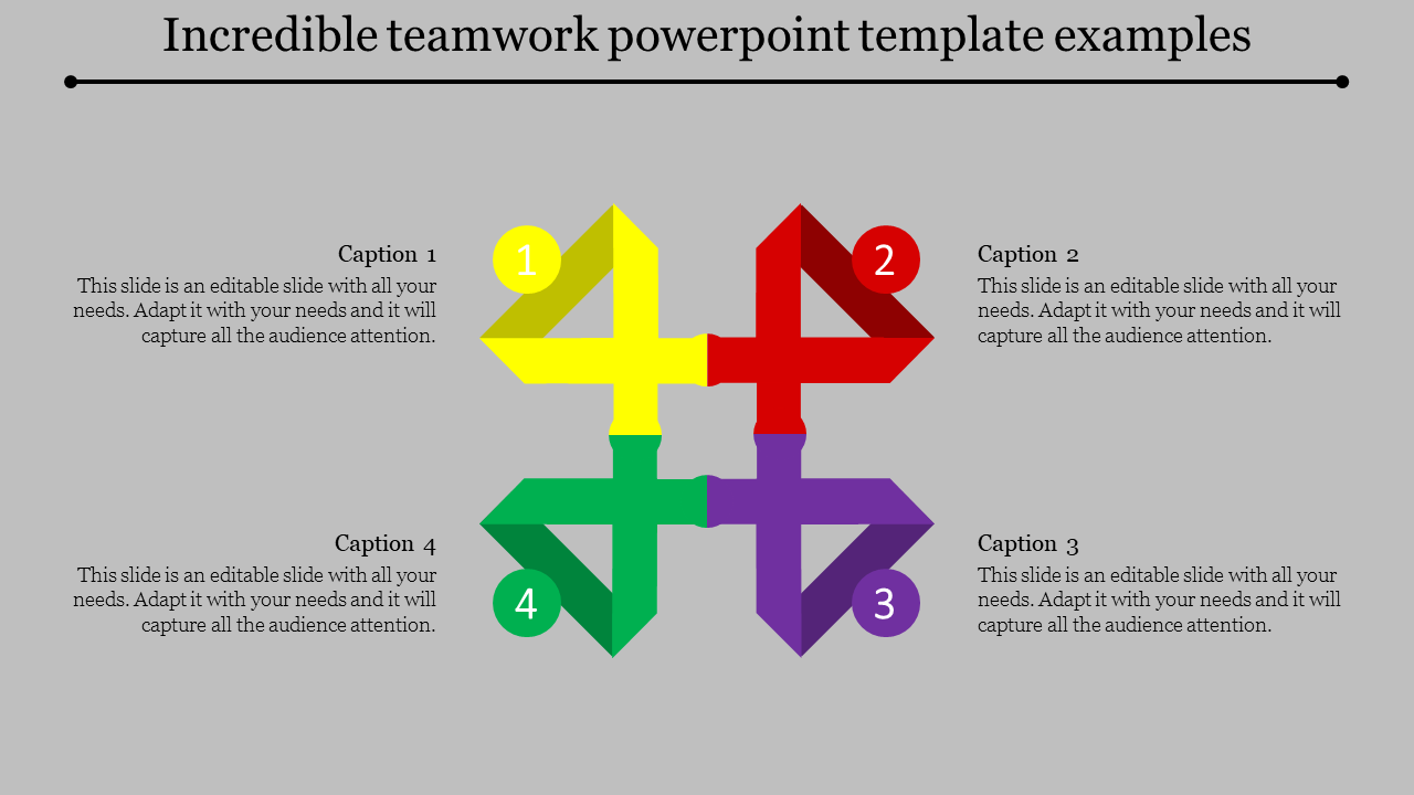 PowerPoint slide featuring a colorful teamwork design with arrows pointing in different directions with captions.