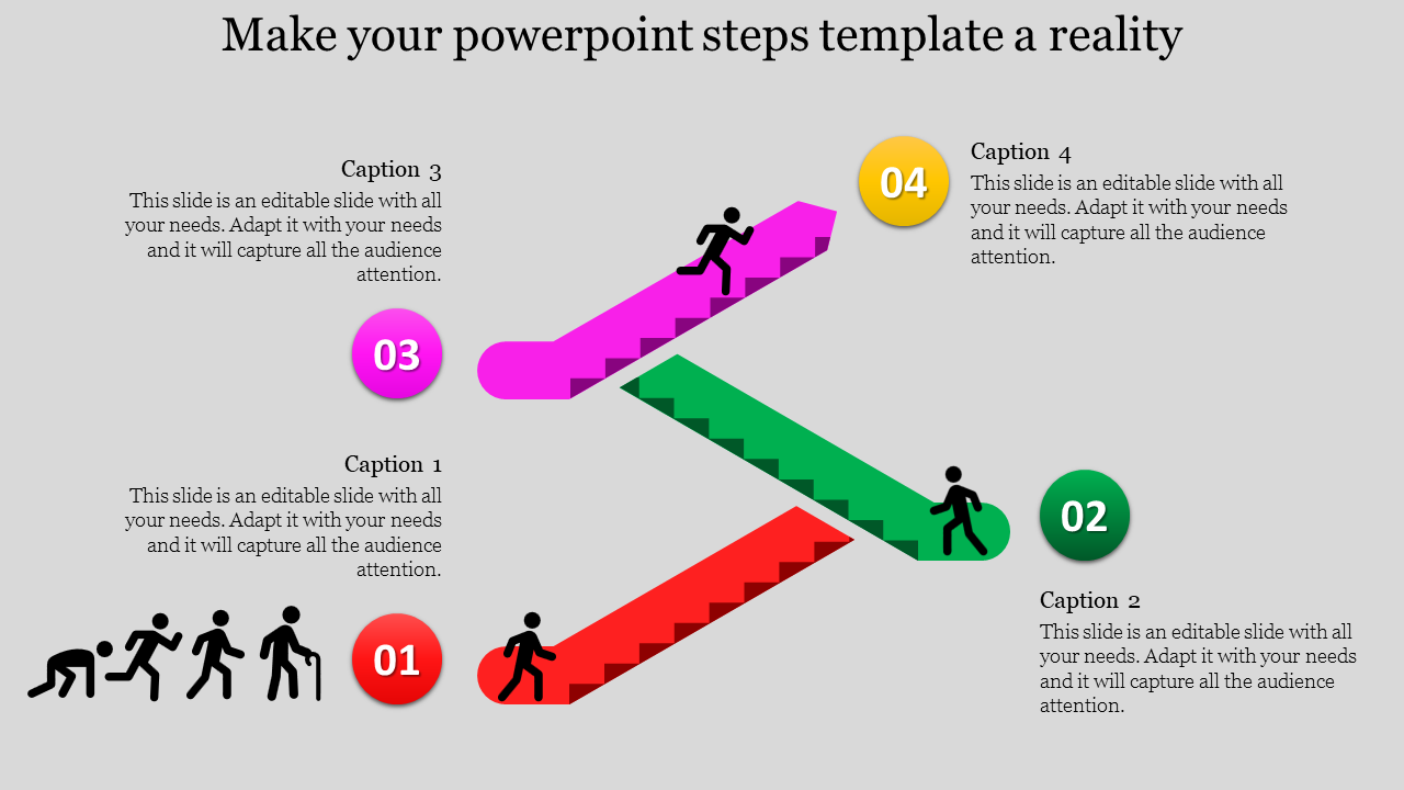 Four diagonal steps in red, green, pink, and yellow with human icons symbolizing progress and numbered captions.