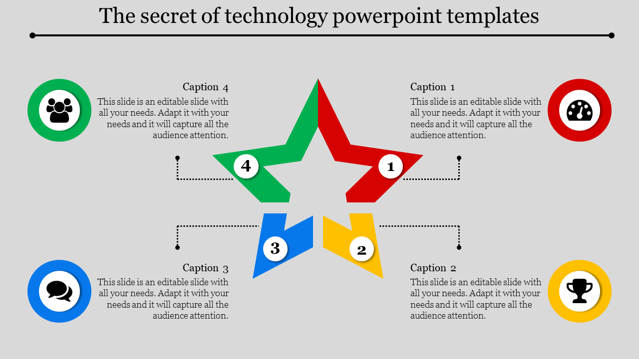 Technology slide with a star design featuring four colored sections with icons from team to achievement with captions.