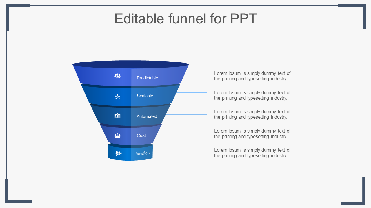 Blue funnel PowerPoint slide with layered sections labeled from predictable to metrics with icons and placeholder text.