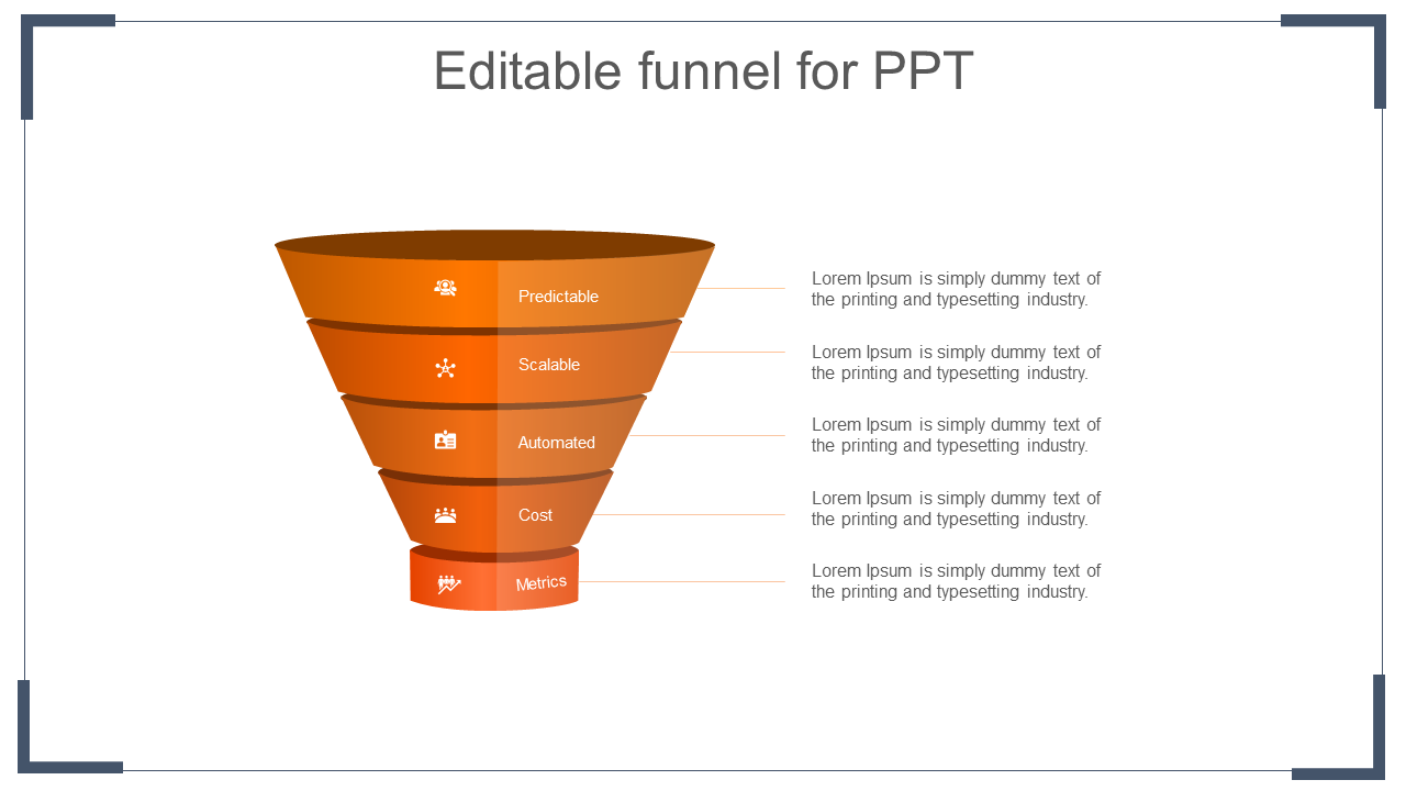 Orange funnel PowerPoint template showing stages Predictable, Scalable, Automated, Cost, and Metrics with icons.