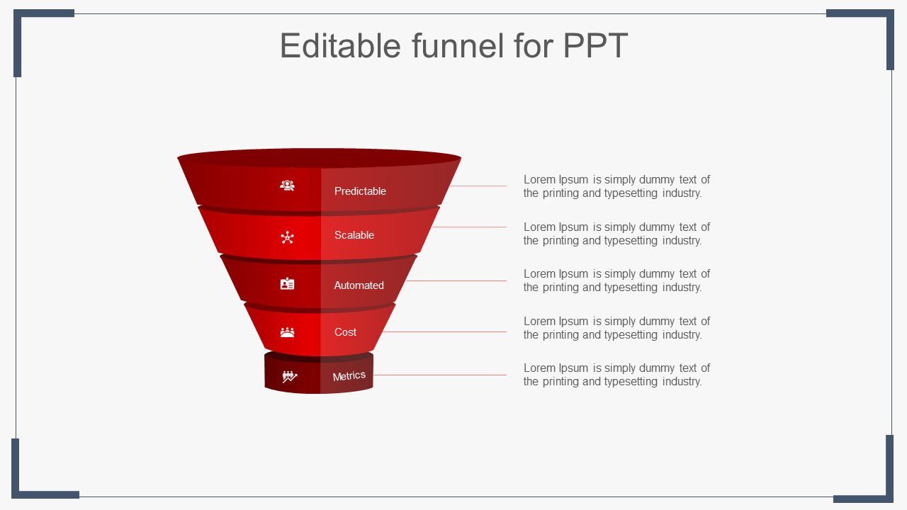 Slide featuring a red funnel diagram with five layers labeled with text sections and icons.