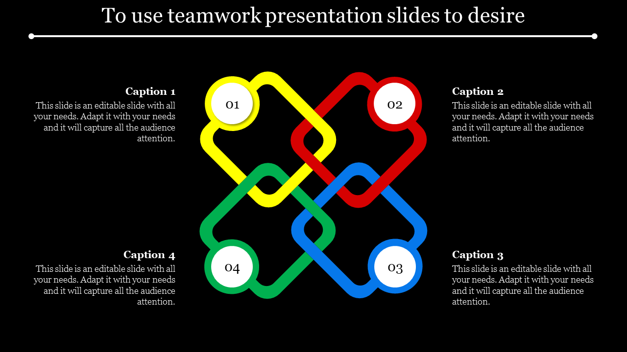 Teamwork slide with four interlocking squares in yellow, red, green, and blue, labeled 01 to 04, on a dark background.