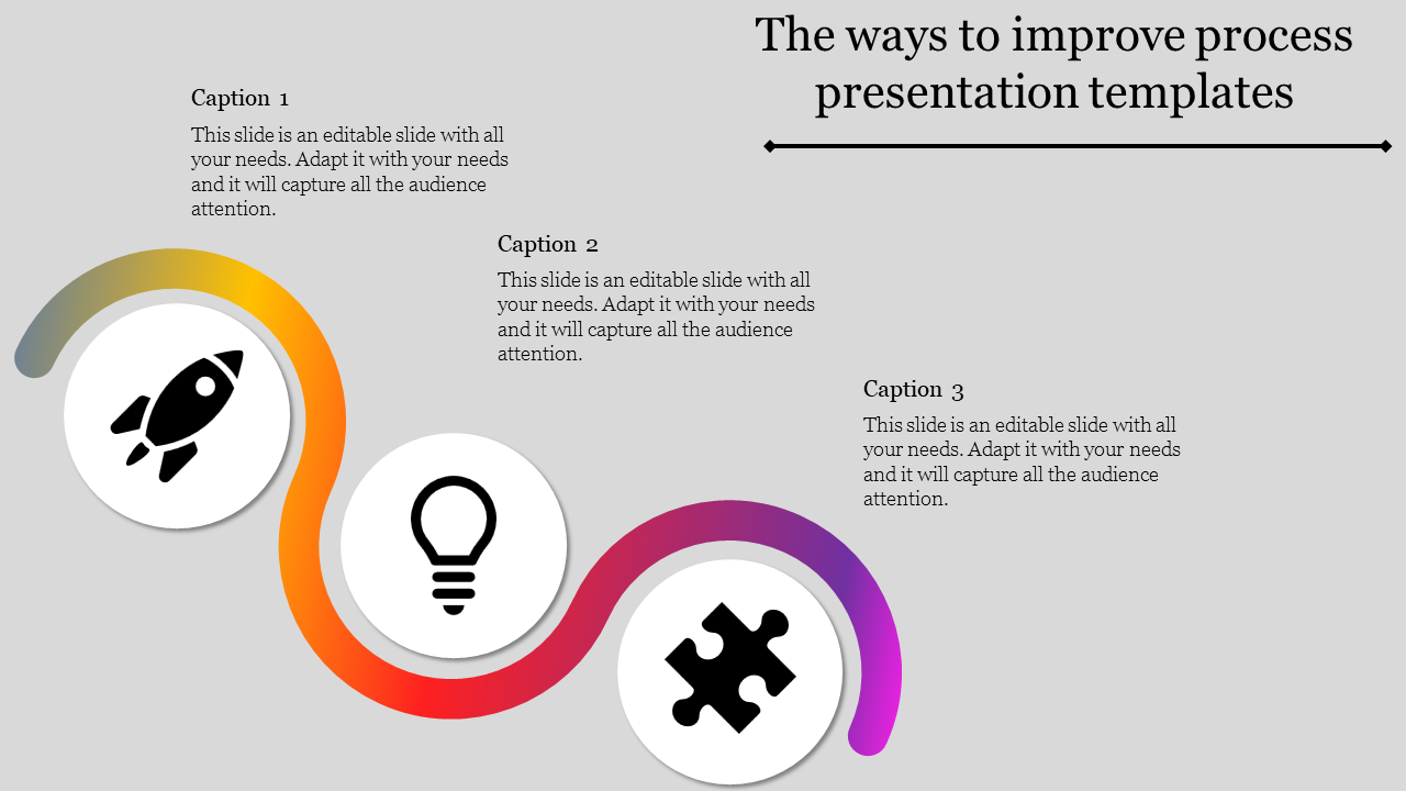 Process diagram with a colorful gradient flow connecting icons for progress, creativity, and problem-solving.