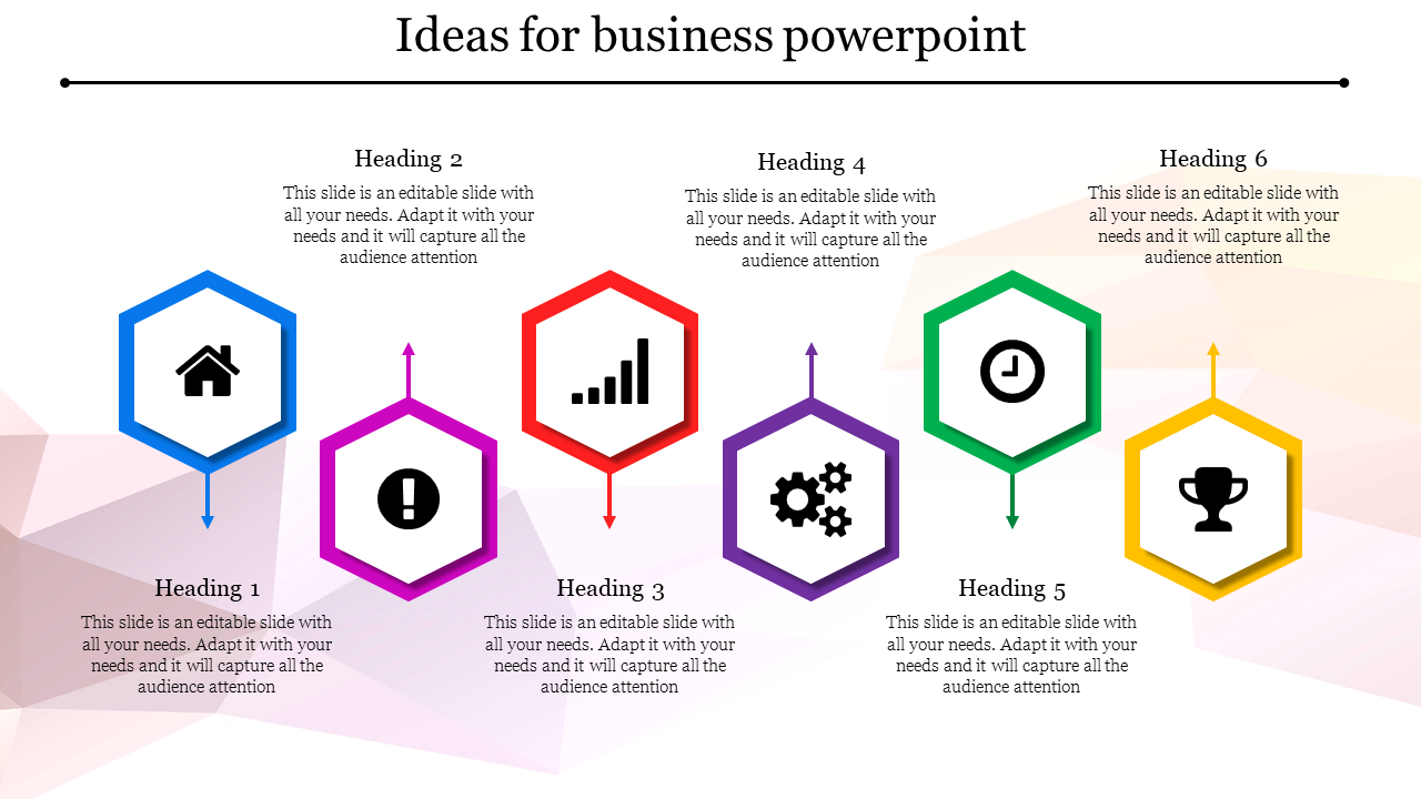 Infographic design with six hexagon-shaped icons and directional arrows illustrating business process ideas.