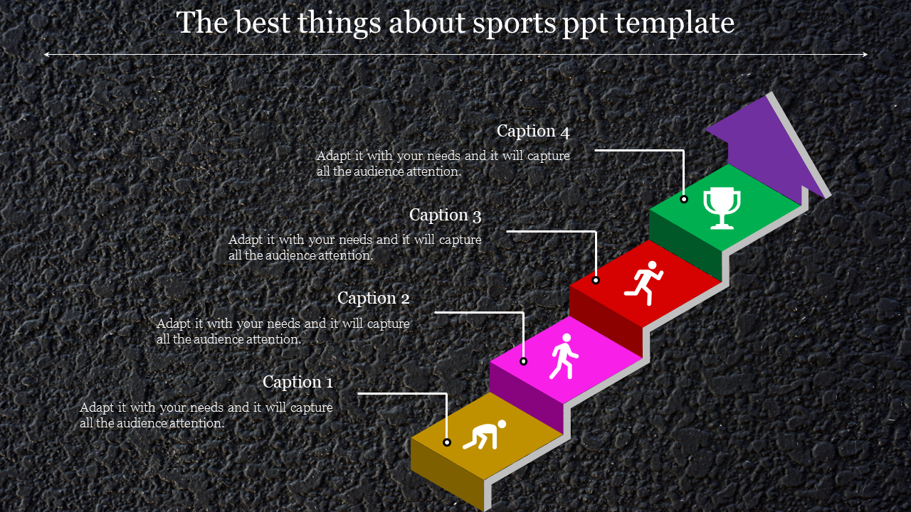 Sports themed PowerPoint template with a colorful staircase diagram representing progression and success with captions.