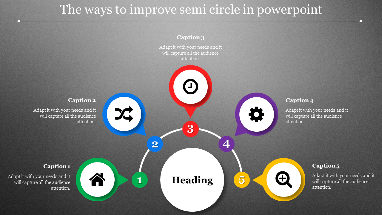 Semi circle layout with five numbered colorful icons connected to a central circle labeled with title, on a gray background.