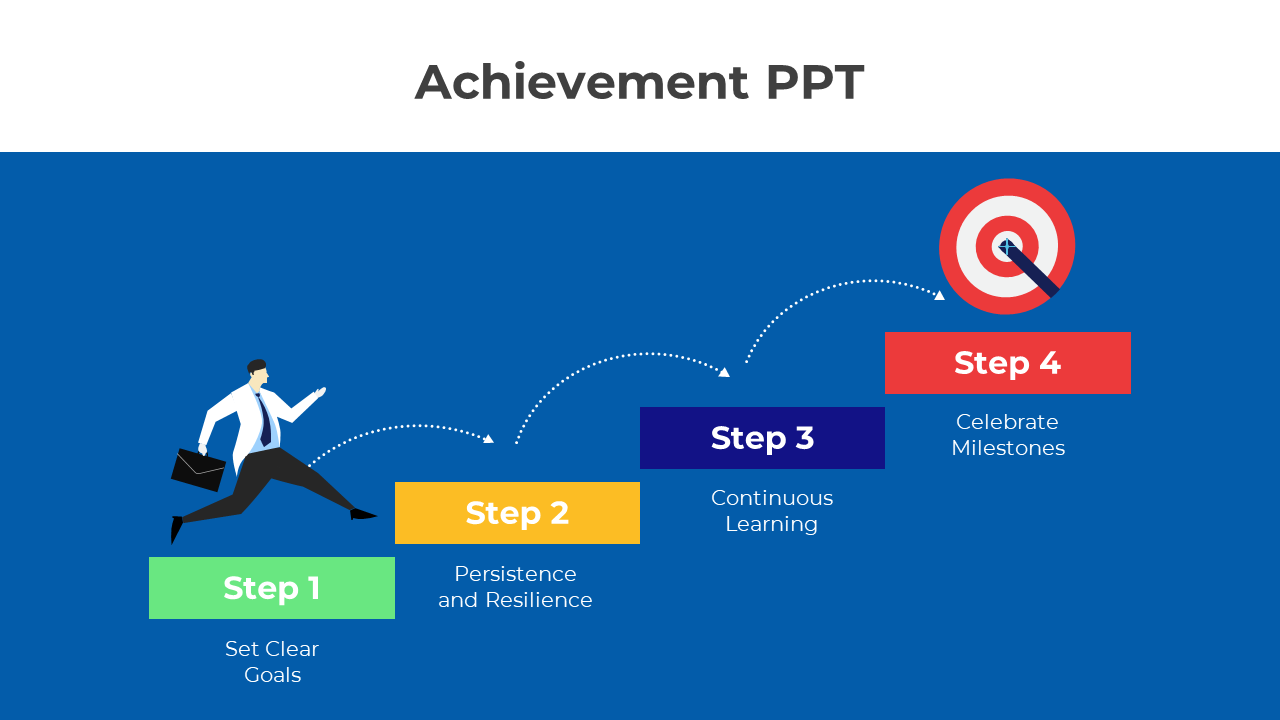 Achievement PowerPoint slide showing four steps to success, ending with a target on a blue background.