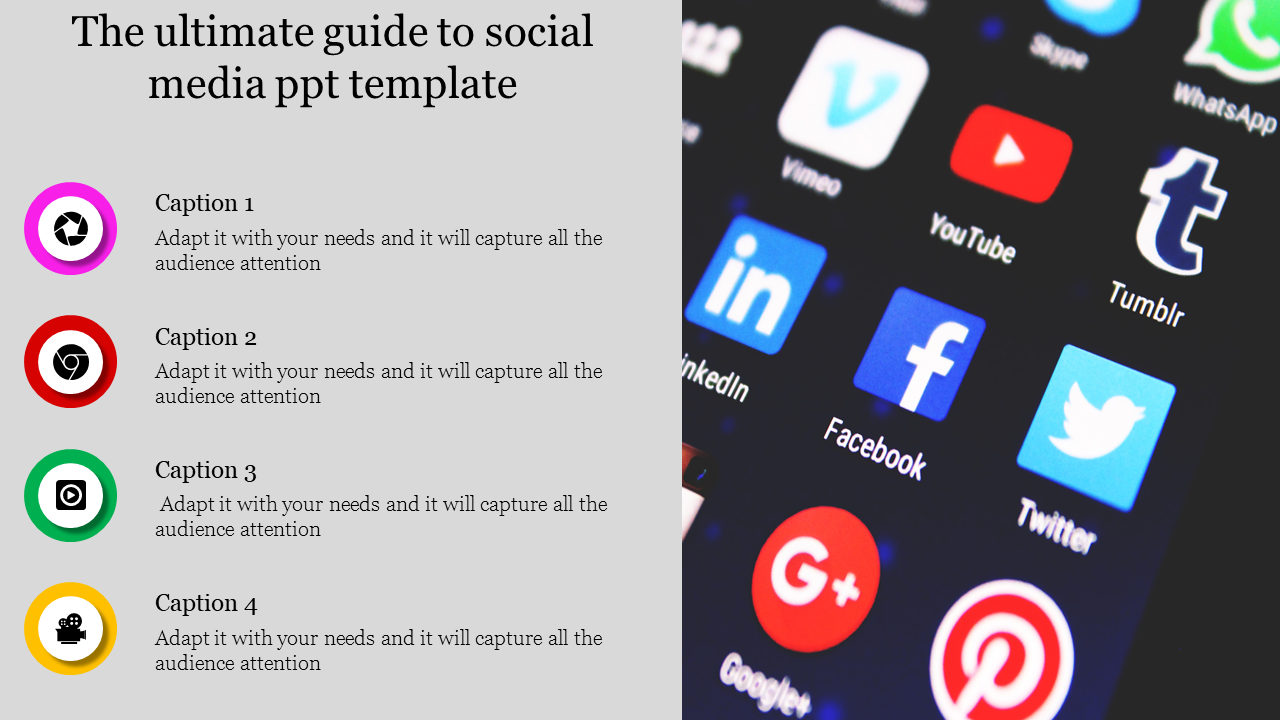 Slide with four colorful caption sections on the left and a phone screen showing various social media icons on the right.