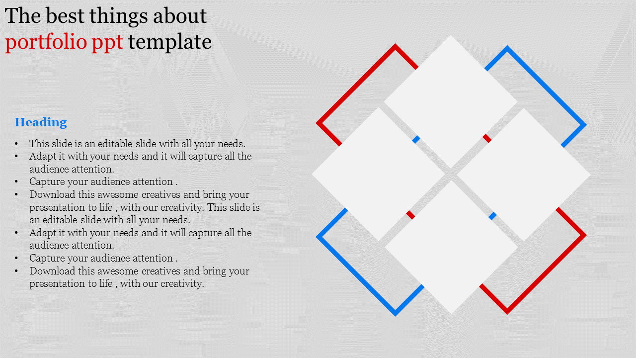 Portfolio PowerPoint slide featuring a geometric design with overlapping squares and sample text sections.