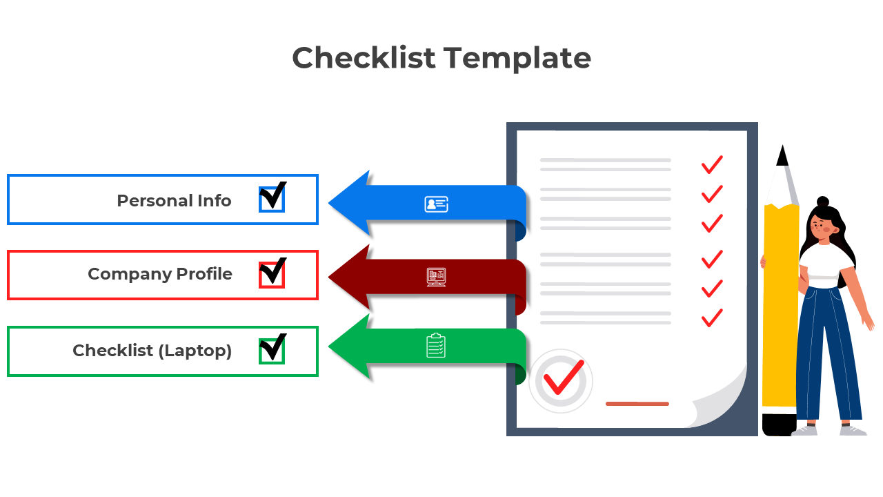 Blue, red, and green arrows with checkmarks and icons leading to checklist items and a character with oversized pencil.