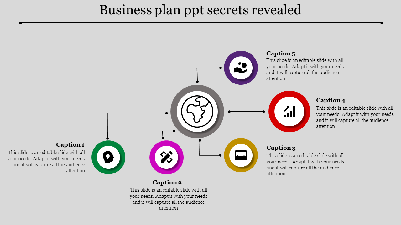 Business plan diagram featuring a central gray circle connected to five colorful icons green, pink, yellow, red, and purple.