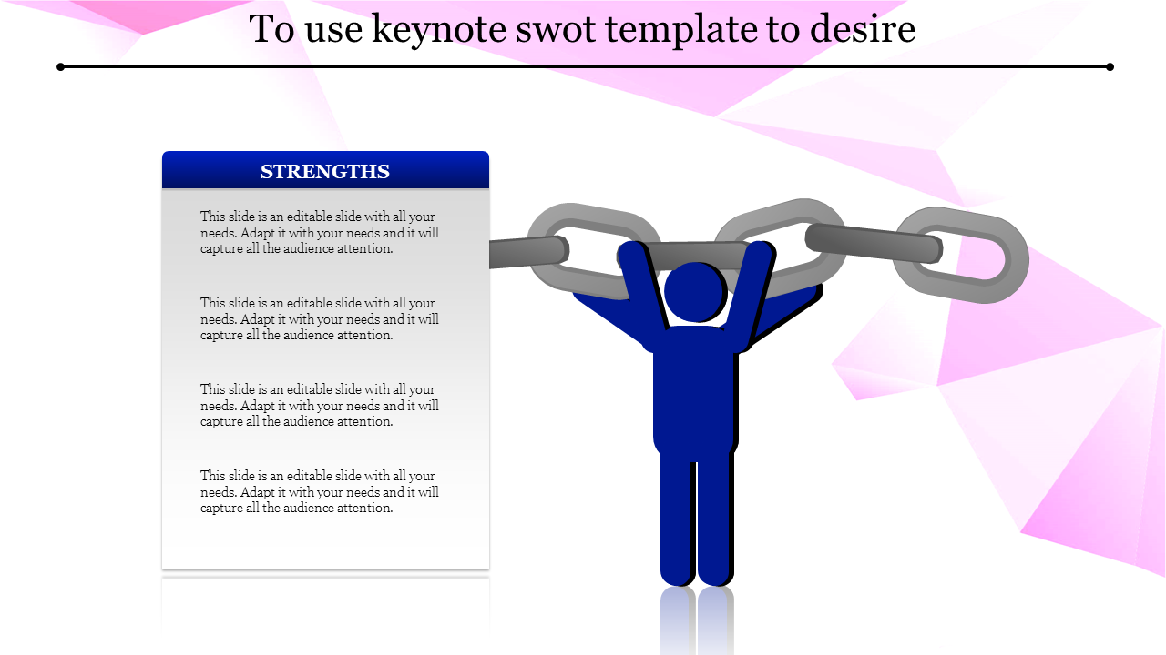 Visual SWOT Analysis template highlighting strengths featuring a person lifting a chain of strengths.