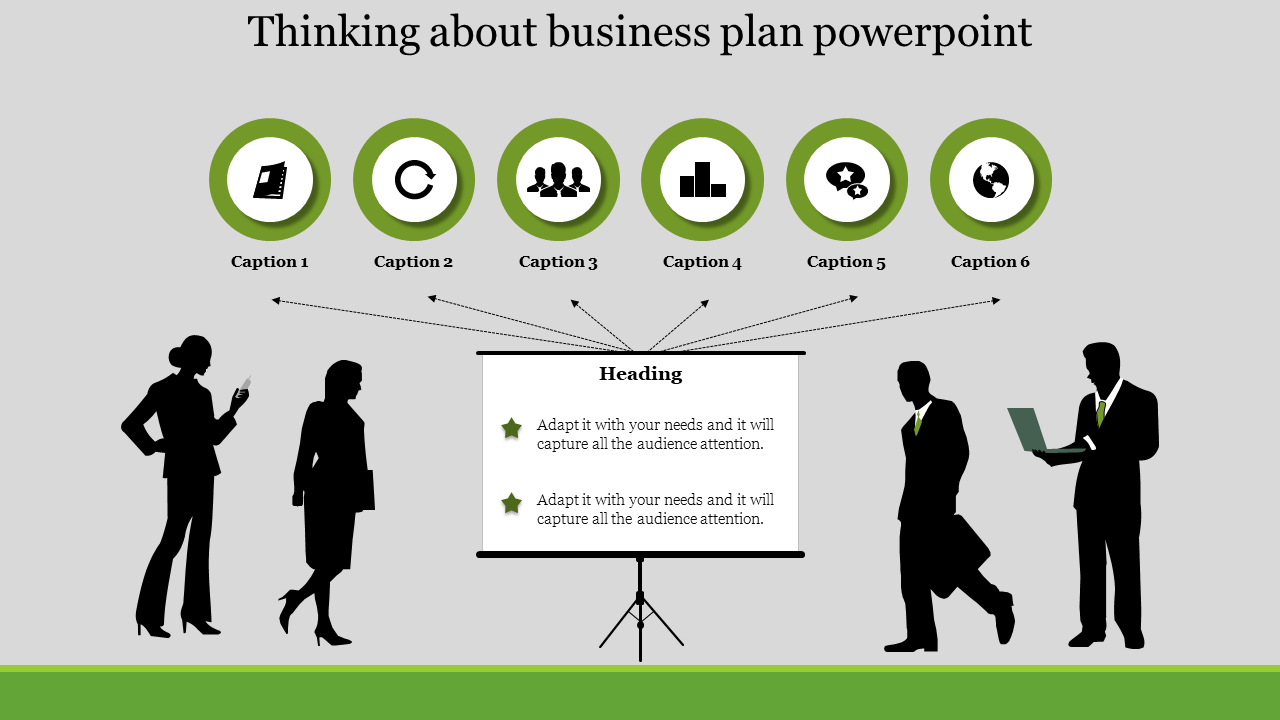 Slide with six green circular icons and silhouettes of professionals pointing toward a centered presentation screen.