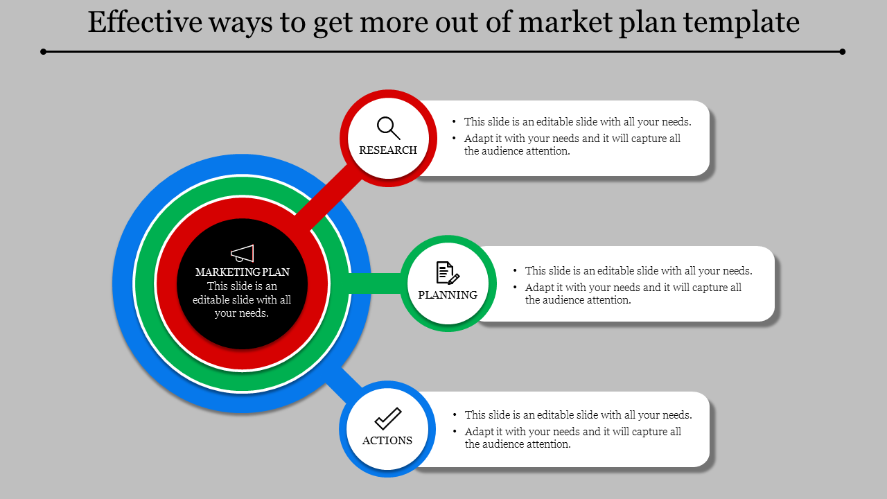 Market plan slide with a central black circle surrounded by colored rings in blue, green, and red, linked to captions.