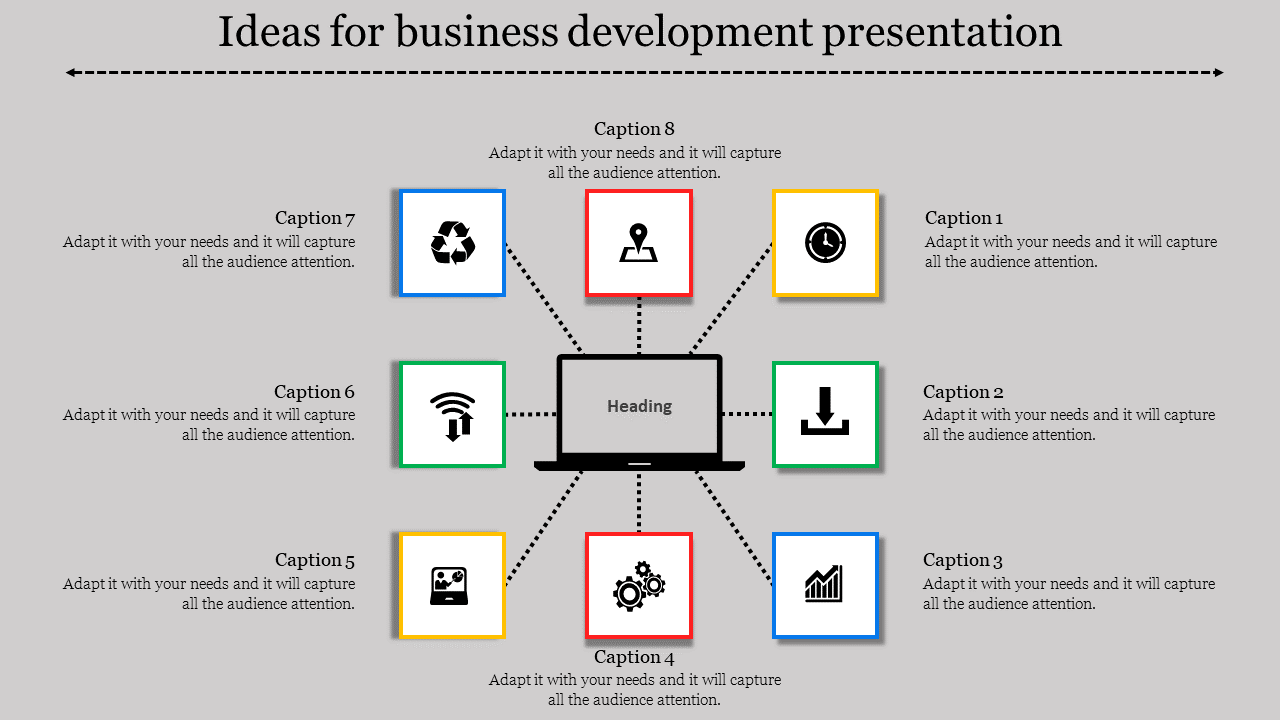 A PowerPoint slide for business development featuring eight sections with various icons and captions.