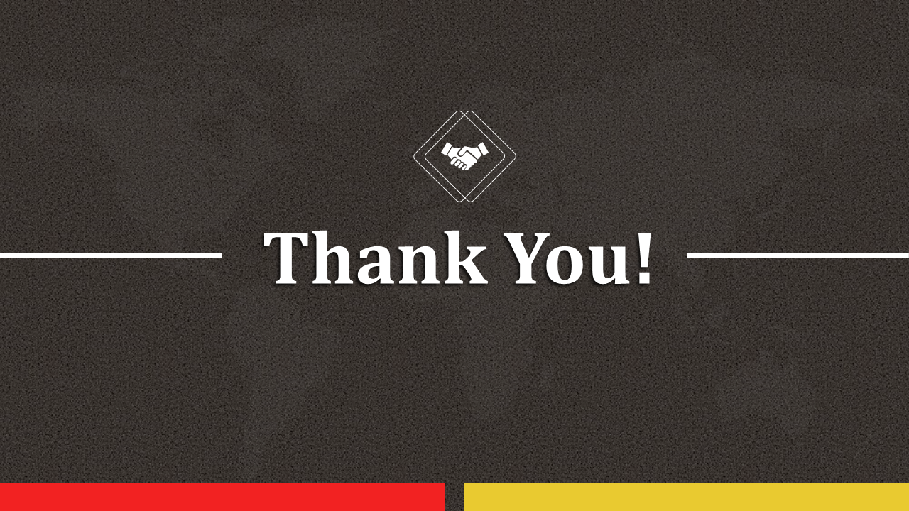 A dark thank you slide with globe backdrop, white title and a handshake icon above with red and yellow blocks at the bottom.