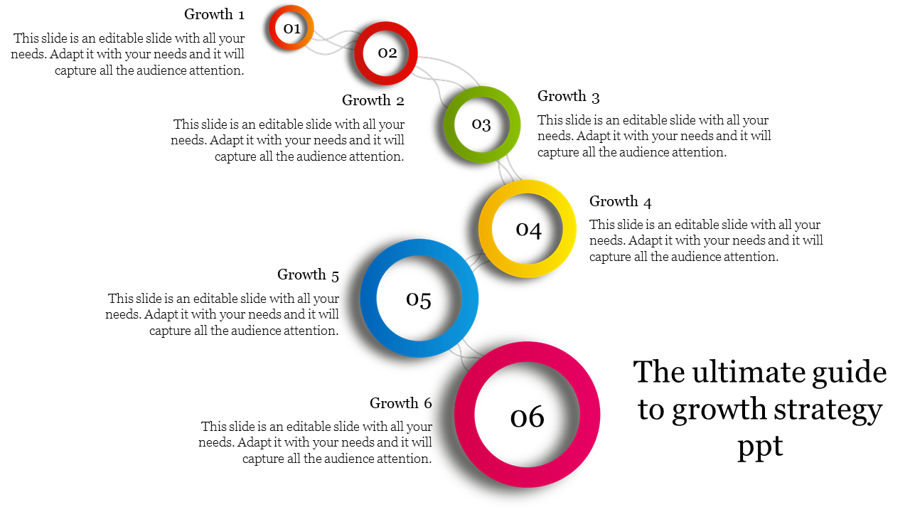 Circular growth strategy chart featuring six steps, with vibrant rings in orange, red, green, yellow, blue, and pink.