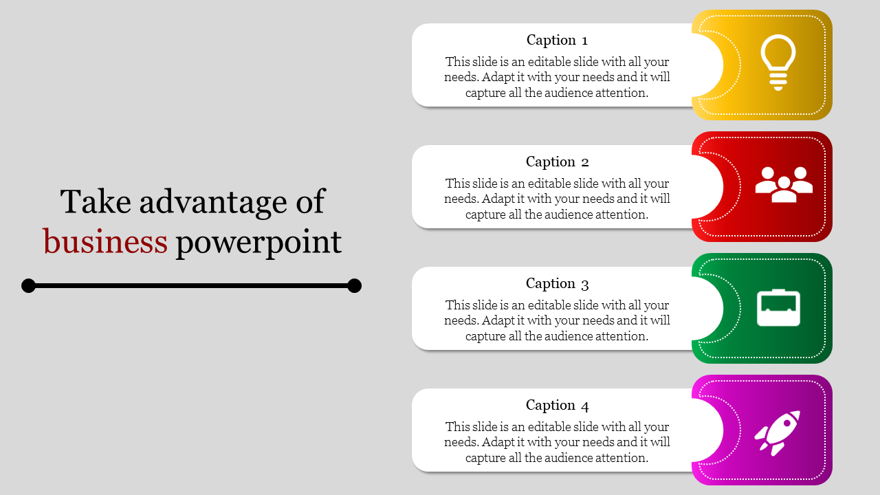 Business PowerPoint slide with four colorful icons representing ideas, teams, resources, and growth.