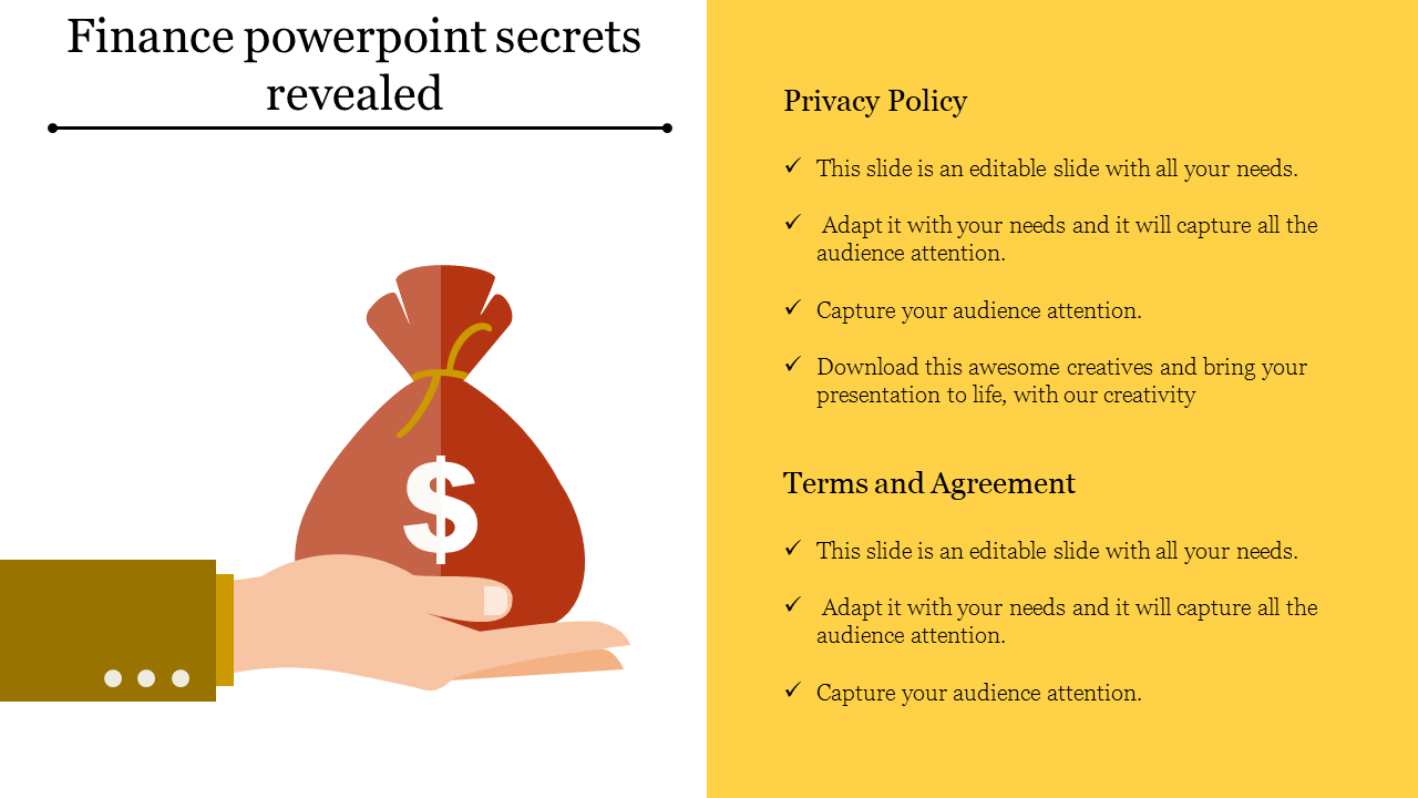 Finance PowerPoint slide featuring a hand holding a money bag, with privacy policy and terms and agreement sections.