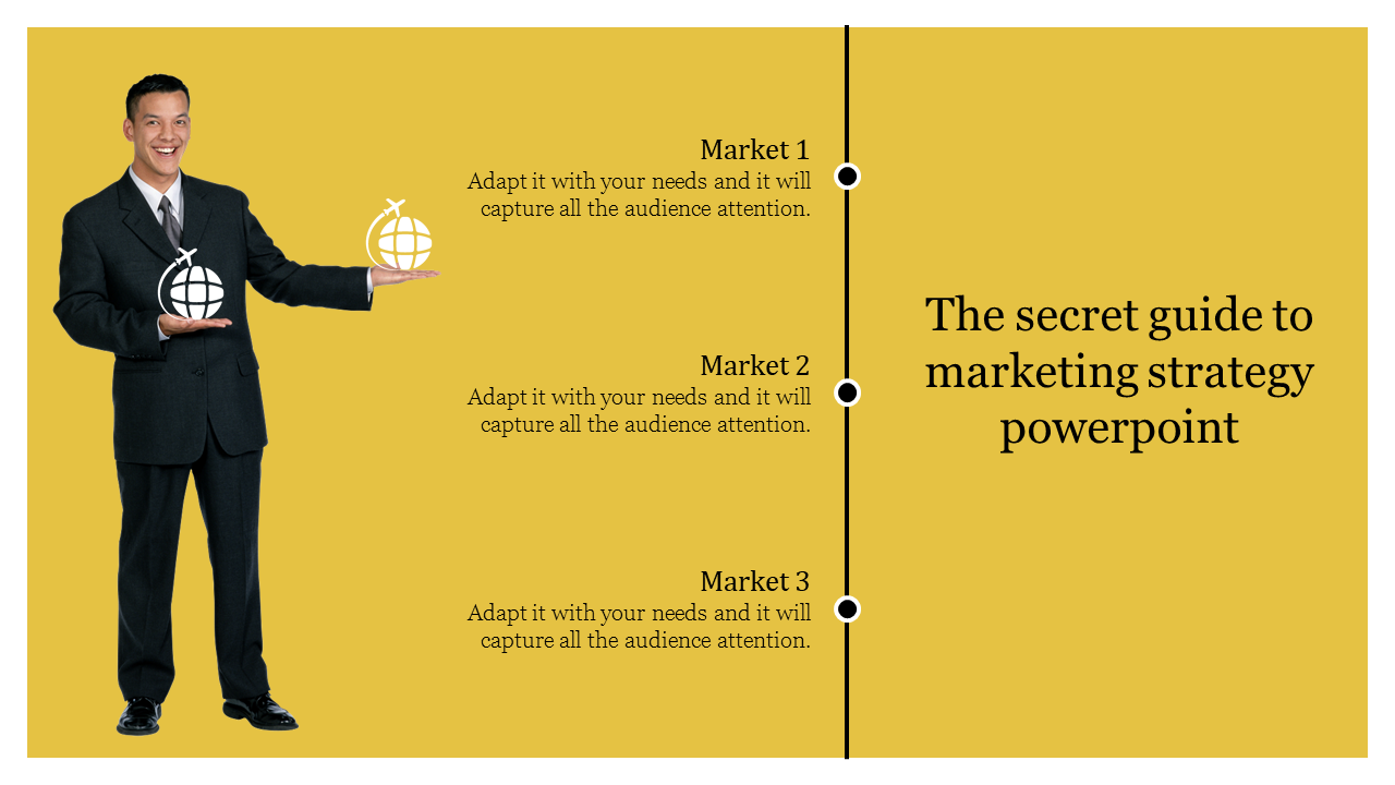 Slide design featuring a man in a suit holding two globe icons, and three numbered market sections, on a yellow background.