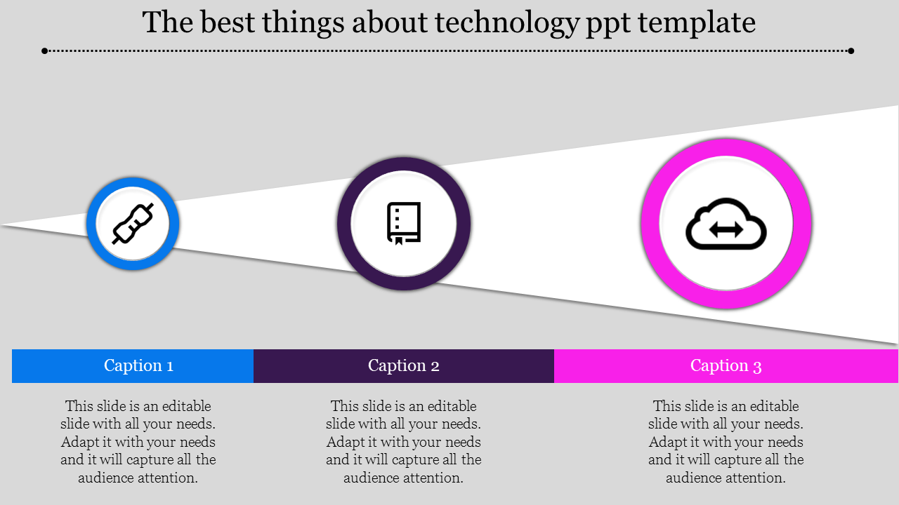 Technology themed slide with chain link, server, and cloud icons in blue, purple, and pink circles, arranged in sequence.