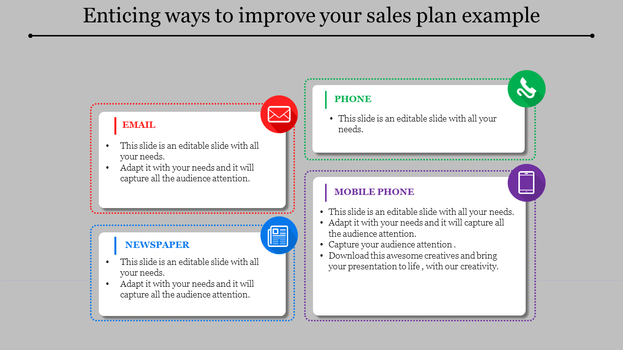 Sales plan slide with four labeled sections email, phone, newspaper, and mobile phone, each marked by colorful icons.