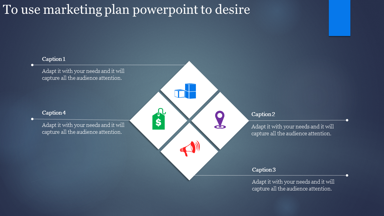 Four segment diamond infographic featuring blue, red, green, and purple icons with captions, on a gradient gray background.