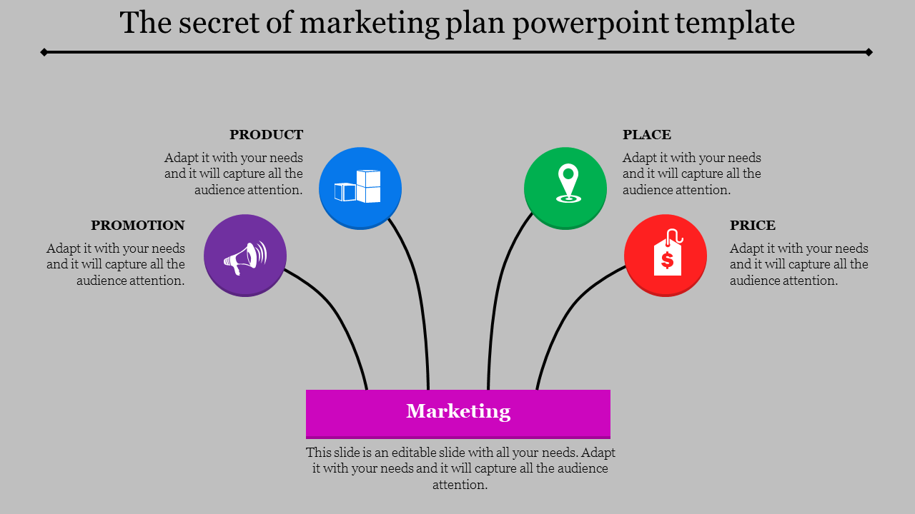 Slide with a pink marketing box and four connected color coded sections in purple, blue, green, and red with icons.