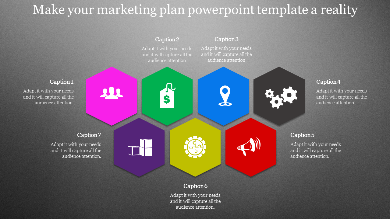 Marketing plan slide featuring seven hexagons in bright colors with icons for people, pricing, logistics, and tools.