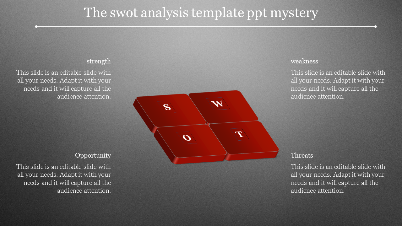 Gray background slide featuring four red tiles with SWOT letters and text describing each analysis component.