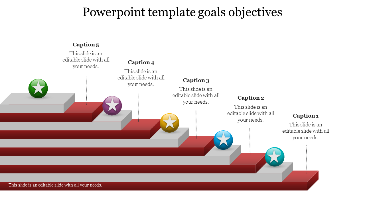 Goals and objectives slide featuring a tiered layout with captions and space for user input on key points.