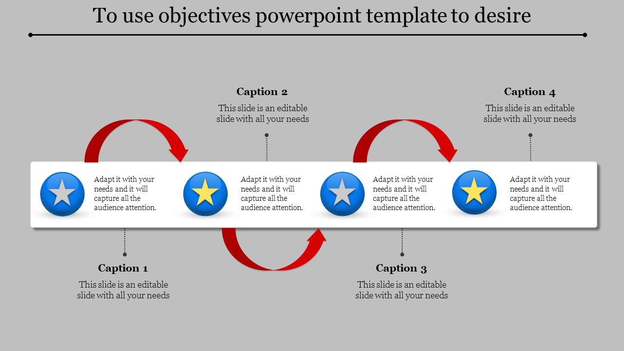 Objective slide with four blue circular icons featuring stars and red curved arrows connecting them.