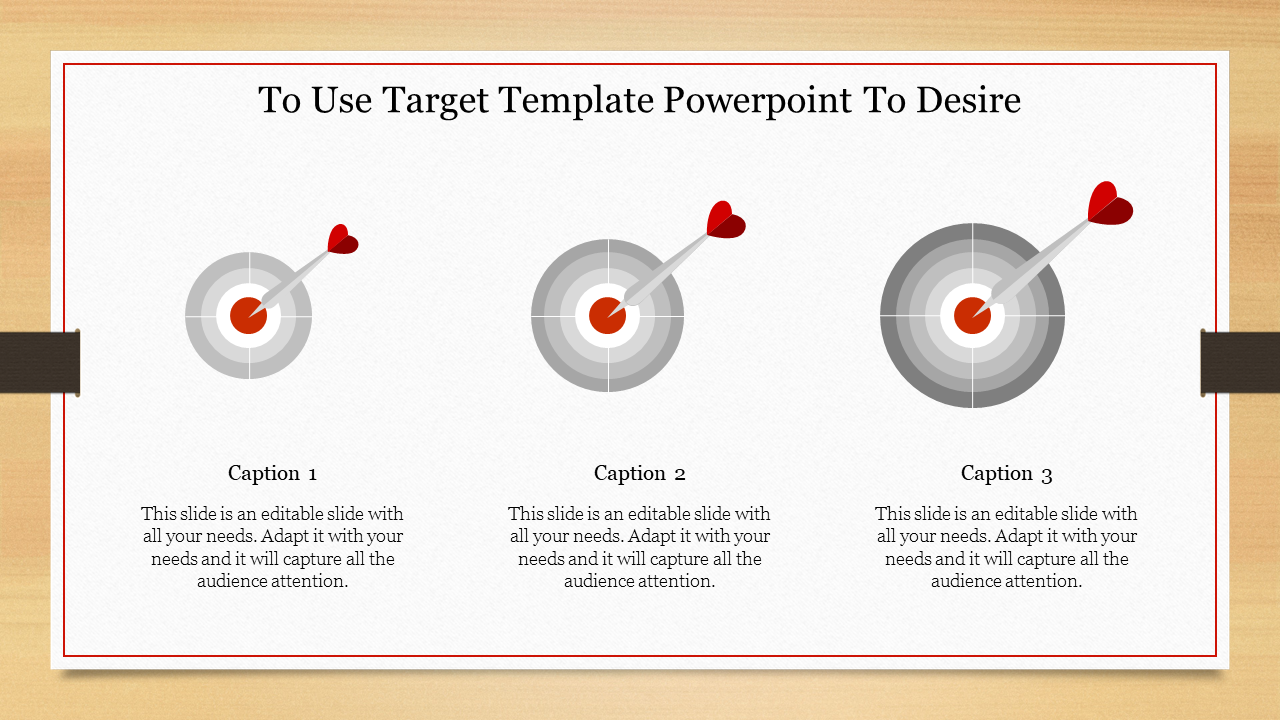 Yellow framed slide with three gray bullseye targets, each with red arrows in the center, and captions below.