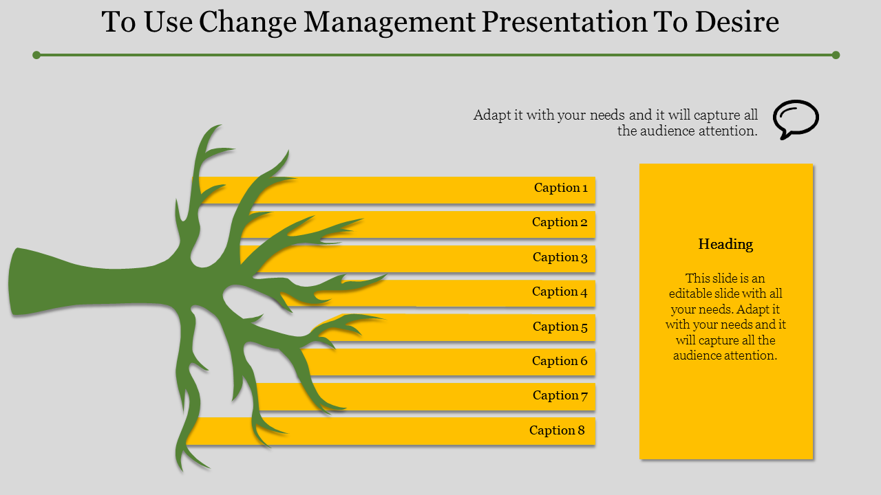 Green tree shape with eight yellow branches labeled with captions, alongside a rectangular text box on a gray background.