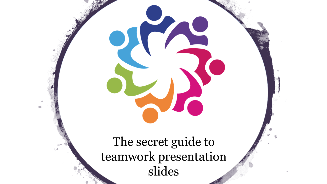 Teamwork icon with six interlocking human figures in various colors, arranged in a circle, with a title text below.