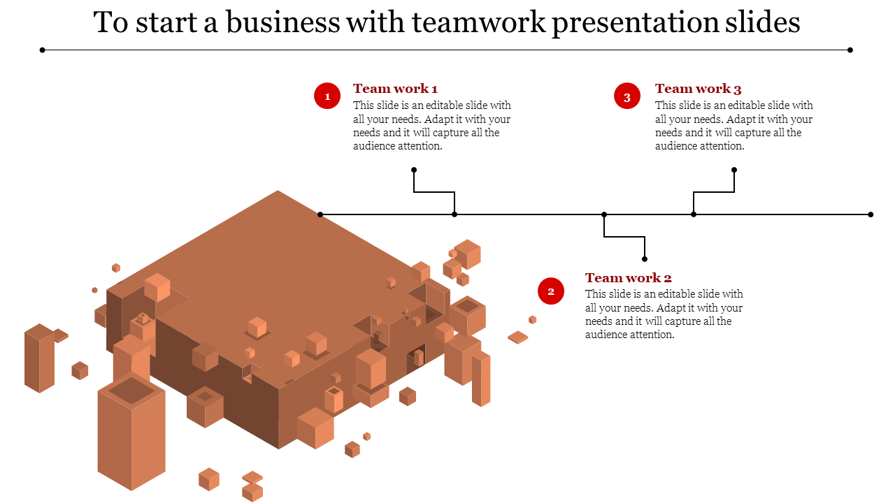 Slide with a brown 3D block platform with scattered cubes and three labeled red steps for teamwork activities.