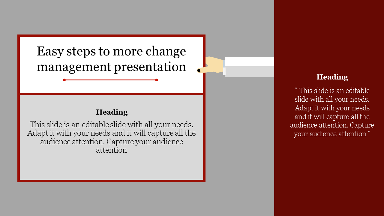 Business slide with red accents, a heading section, and placeholder text areas content for ideas.