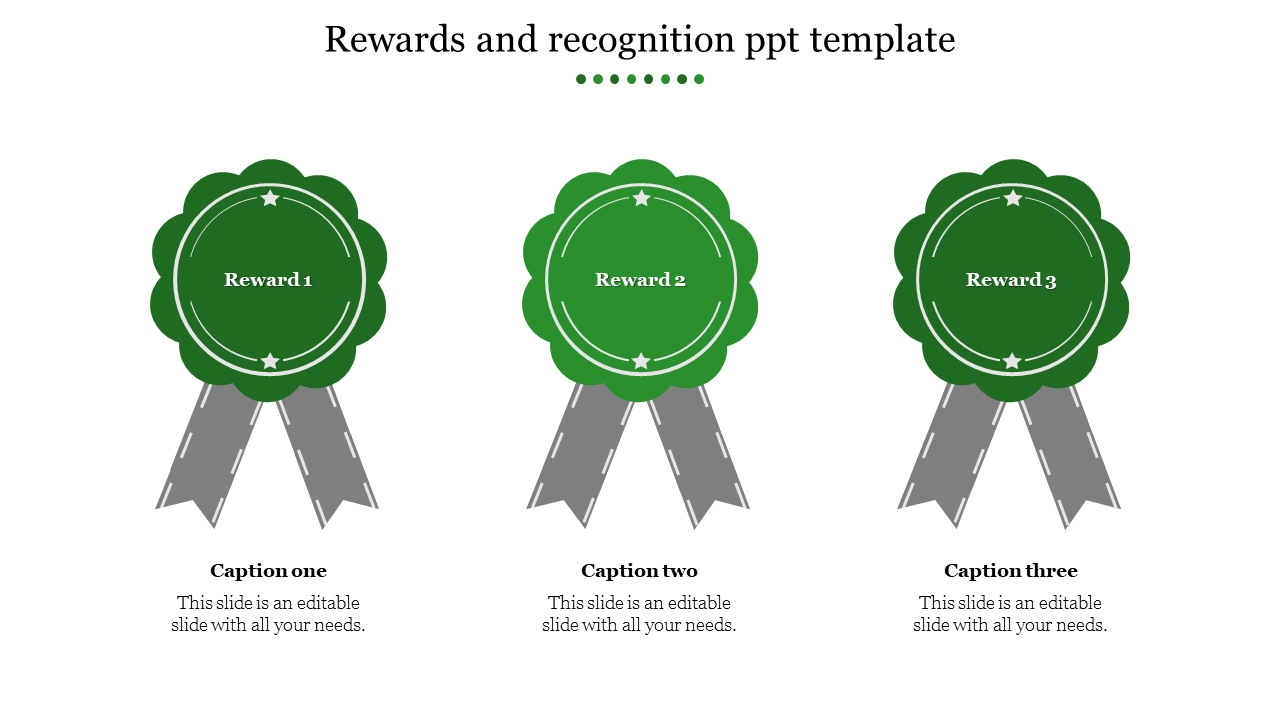 Slide featuring three green badges with gray ribbons, each labeled with a different reward and captions below.