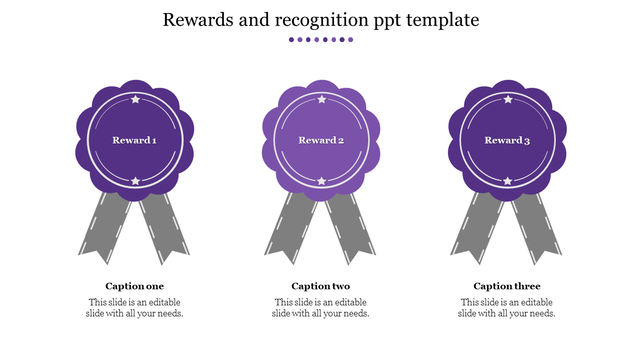 Three purple badges with silver ribbon tails displayed horizontally, each labeled with a number and captions below.