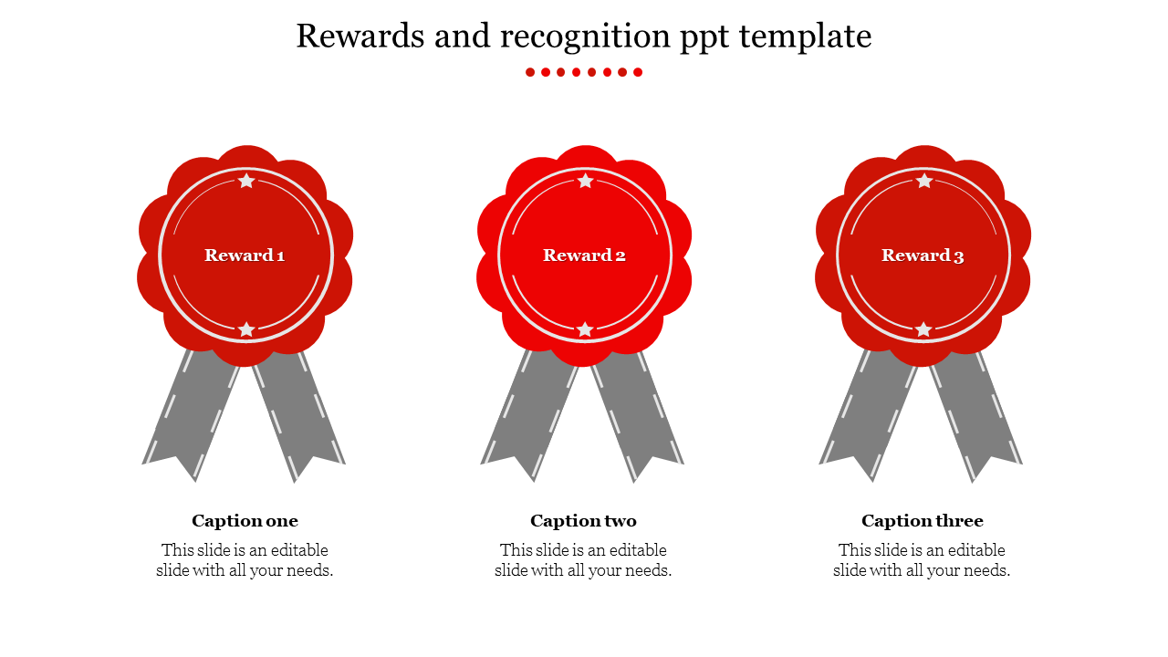 Three red award badges with gray ribbons, each placed above a caption on a white background.