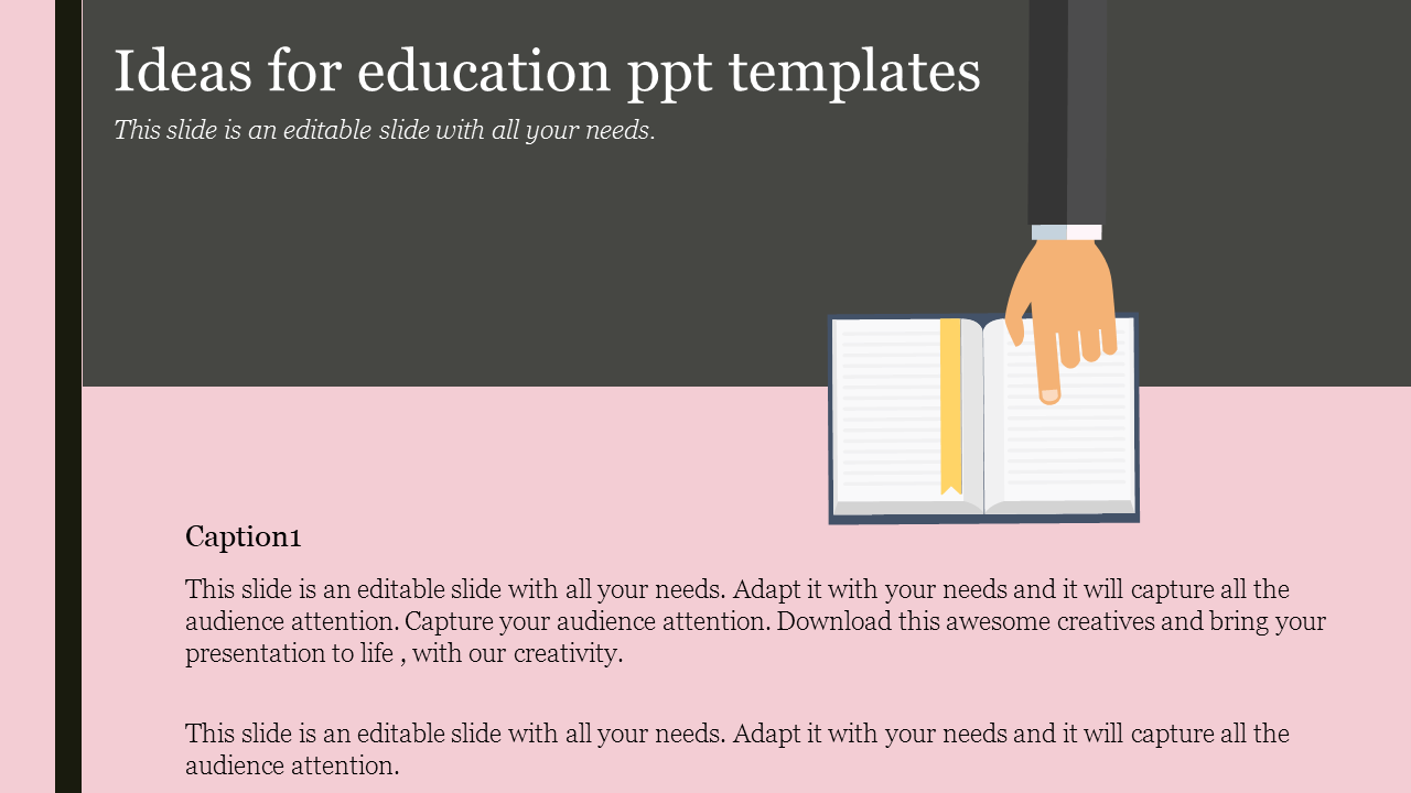 Education graphic of an open book with a bookmark, a pointing hand above, and a caption area on a pink background.