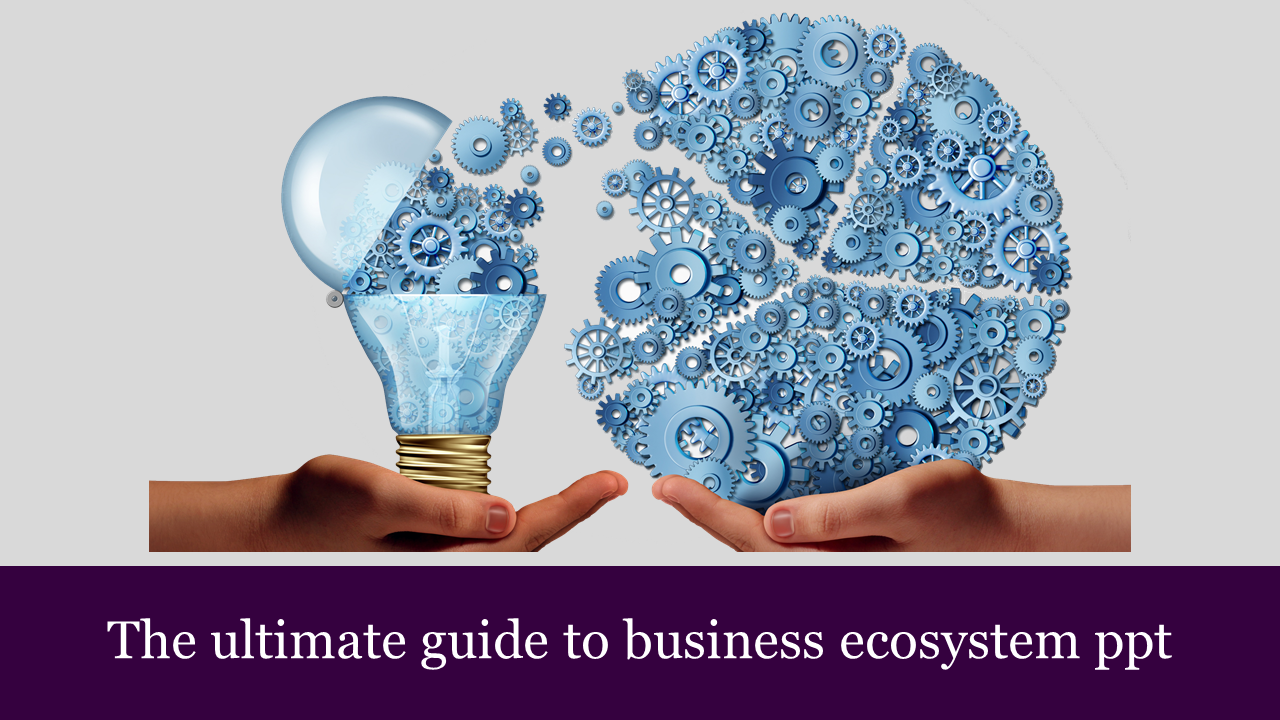 Business ecosystem lightbulb made of gears dispersing into a larger gear-filled brain, held by two hands.