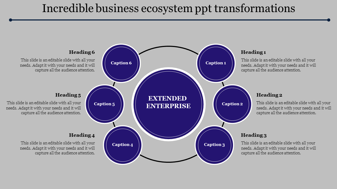 Business ecosystem infographic with a central circle labeled surrounded by six smaller circles and placeholder text area.