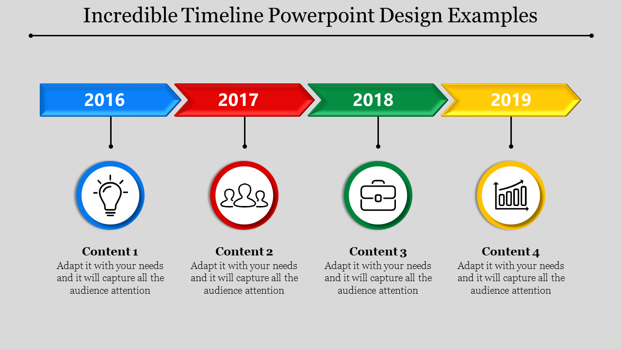 Timeline slide with years 2016 to 2019, featuring icons and brief descriptions for each year with small icons.