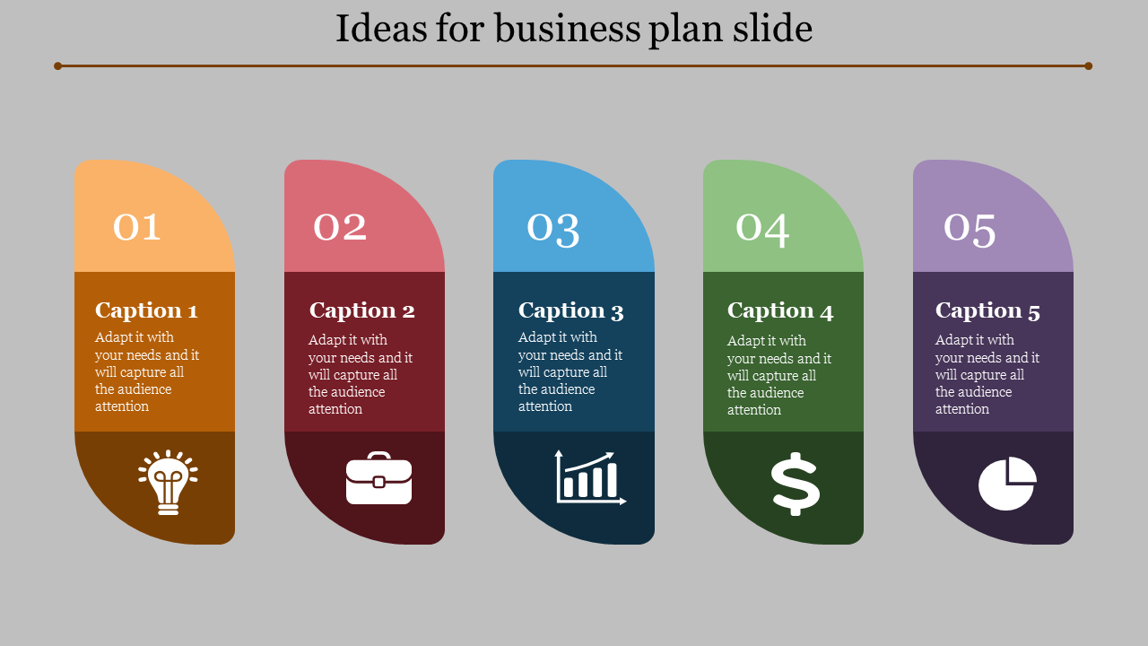 Business plan slide with five colored steps, each featuring a distinct icon with captions.